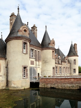 A historic chateau with tall, conical towers and intricate brickwork surrounded by a moat. The building features arched windows and a mix of stone and brick textures. The sky is partly cloudy, casting soft reflections in the water.