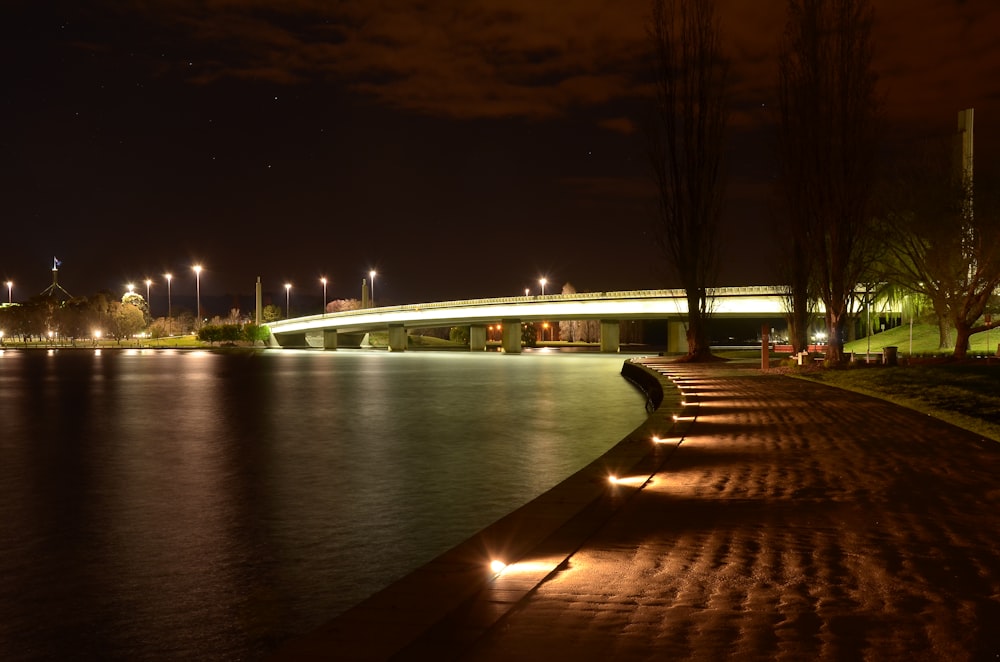 lighted bridge over river during night time