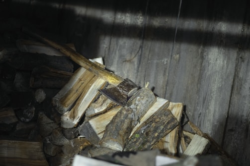 A pile of chopped firewood stacked against a dark wooden wall, with an axe placed on top of the logs.