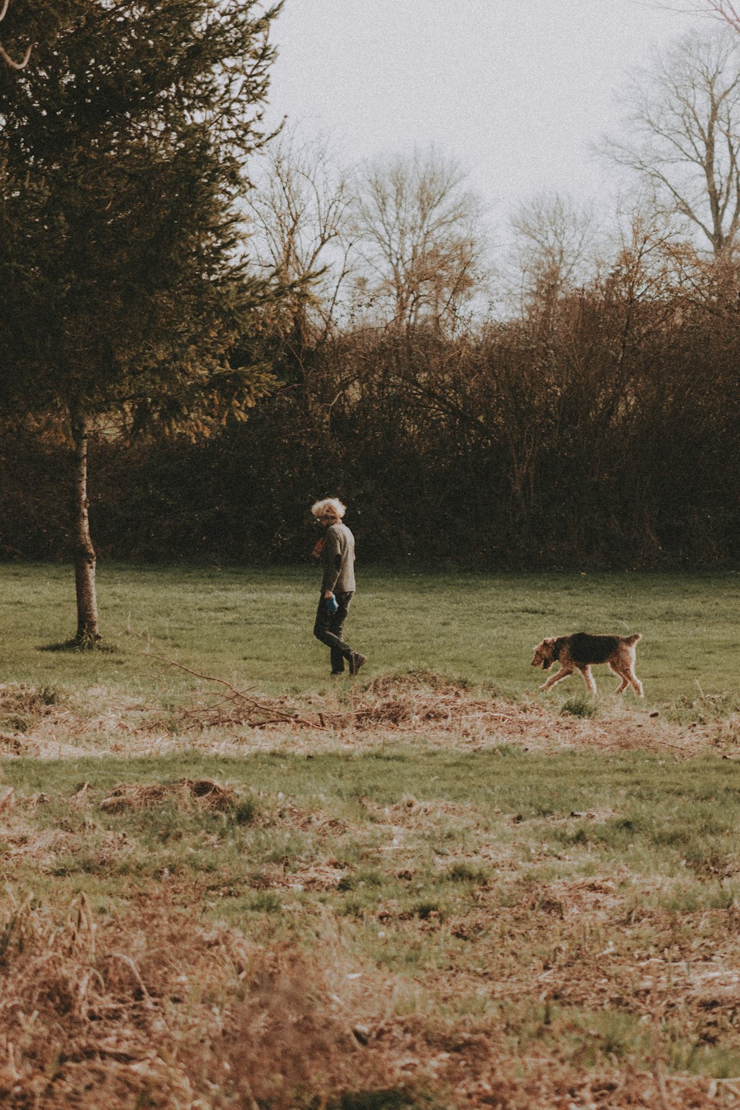 woman in white jacket and black pants walking with dog on green grass field during daytime