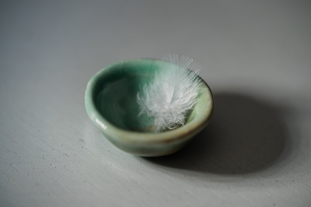 green and white round ornament, A tiny feather decorates a miniature ceramic bowl