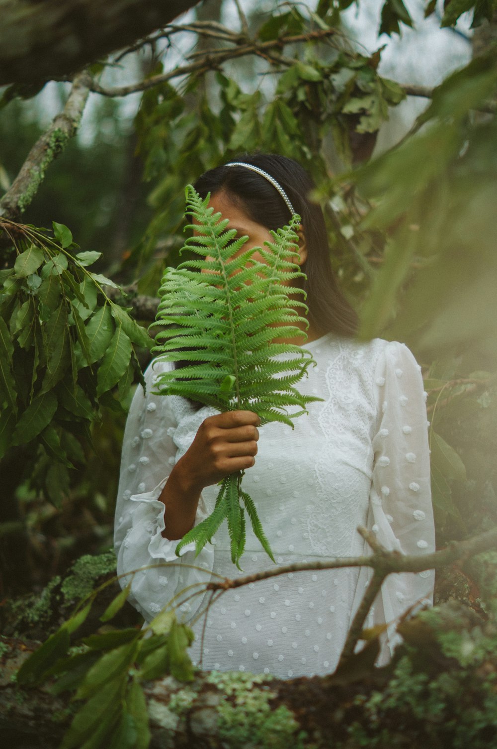woman in white long sleeve shirt holding green plant