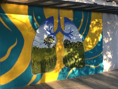 A vibrant mural depicting human lungs with a landscape inside them, representing trees and a blue sky as the inner structures. The surrounding area is painted with abstract patterns in yellow and teal. The mural is located on a paved walkway with dappled sunlight creating shadows.