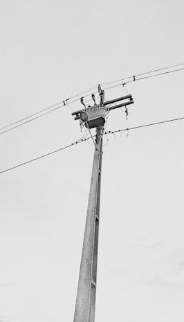 A tall utility pole supporting electrical transformers and wires stretches up towards the sky. The image is captured in black and white, accentuating the structure's details against a plain background.