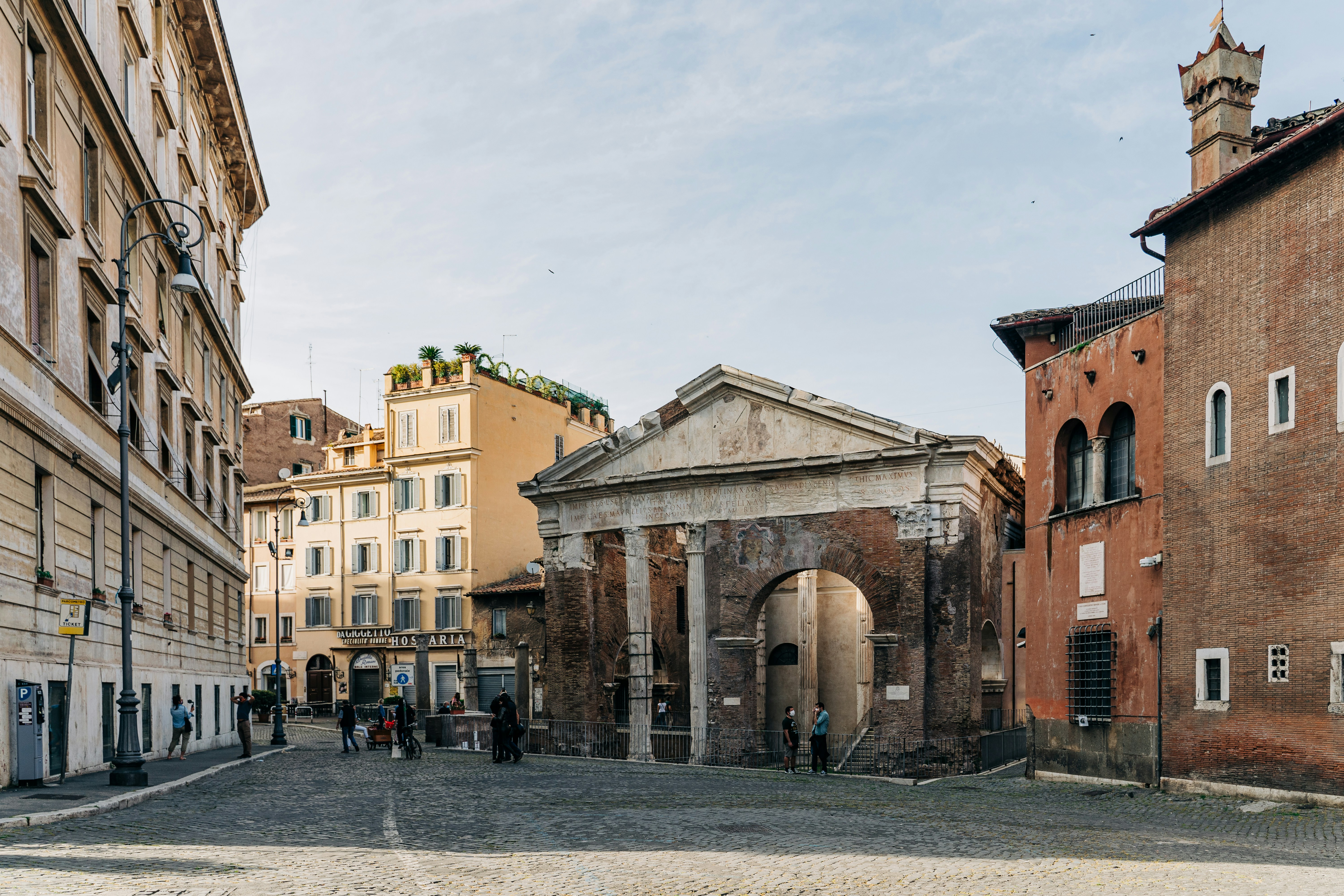 A wide angle view of Portico d'Ottavia in Rome's Jewish Quarter, Italy