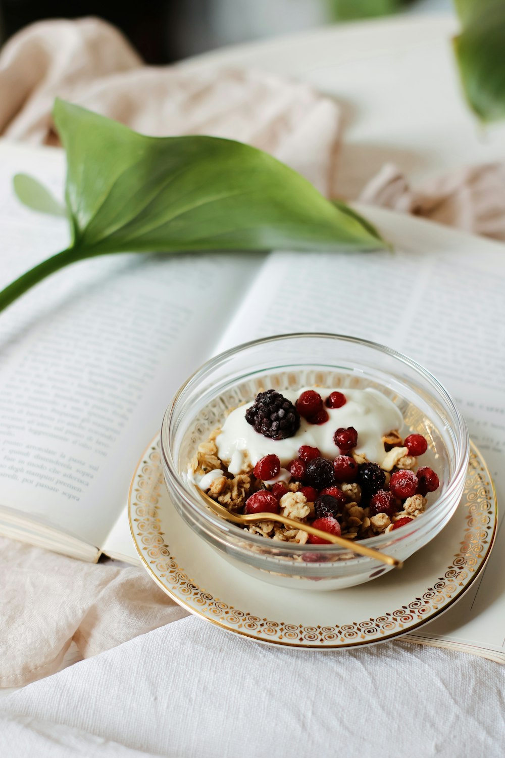 clear glass bowl with red and black berries