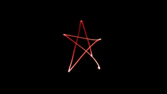 An artistic illustration of a red pentagram adorned with thorny black vines on a gray canvas