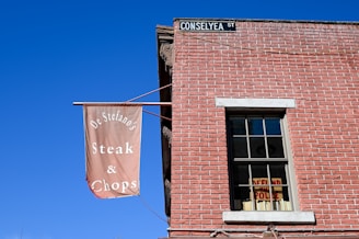 A red brick building with a rectangular window partially covered by a sign inside that reads 'DEFUND THE POLICE'. There is a brown banner hanging outside that reads 'De Stefano's Steak & Chops'. A street sign on the corner of the building displays 'CONSELYEA ST'. The sky is clear and blue.
