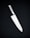 A sleek, silver kitchen knife with a stainless steel blade and a textured handle is positioned against a dark, neutral background. The knife's design is modern and minimalistic, emphasizing its sharpness and craftsmanship.