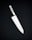 A sleek, silver kitchen knife with a stainless steel blade and a textured handle is positioned against a dark, neutral background. The knife's design is modern and minimalistic, emphasizing its sharpness and craftsmanship.