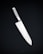 A sleek, silver kitchen knife with a stainless steel blade and a textured handle is positioned against a dark, neutral background. The knife's design is modern and minimalistic, emphasizing its sharpness and craftsmanship.