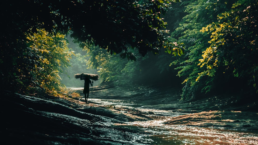 person in black jacket and pants walking on river