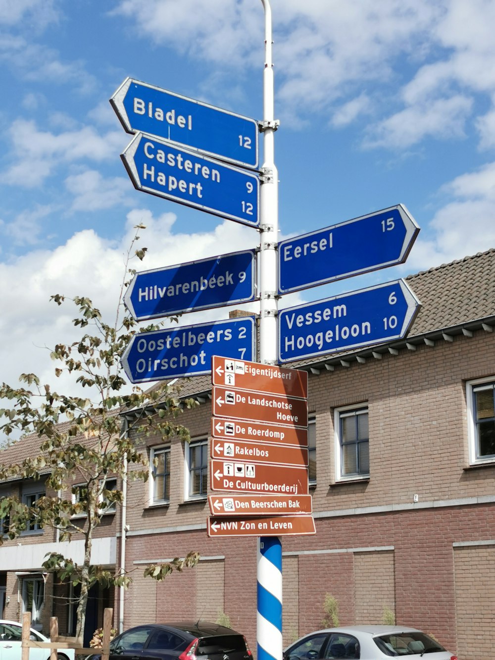 blue and white street sign