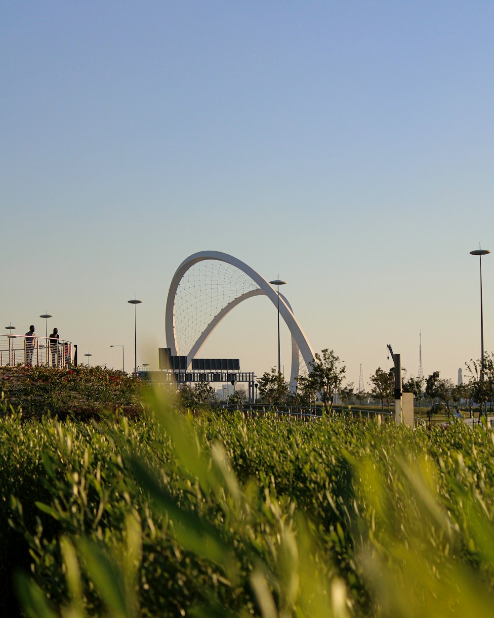 green grass field near white metal arch during daytime