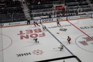 A hockey game in progress on an ice rink, with players wearing red and white jerseys. A referee is present, and there are advertisements surrounding the rink. The stands partially filled with spectators suggest a lively yet contained atmosphere.