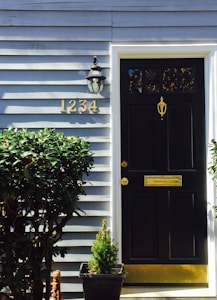 A black door with a golden mail slot and door knocker is set against a light blue wooden paneled wall. The house number, 1234, is displayed prominently in gold. A classic outdoor lantern is mounted on the wall next to the door. Green shrubs and a small potted plant decorate the entrance.