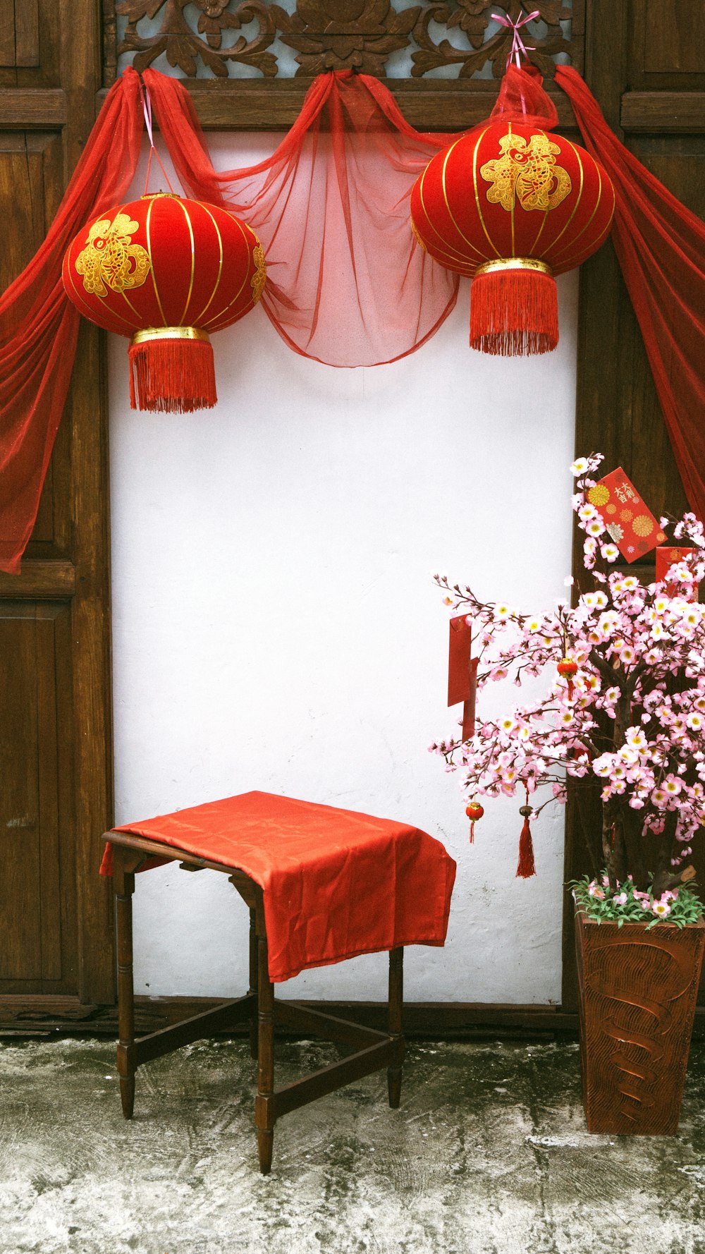 red table cloth on table