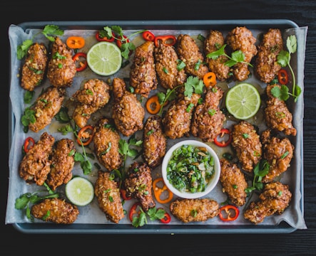 cooked food on black tray