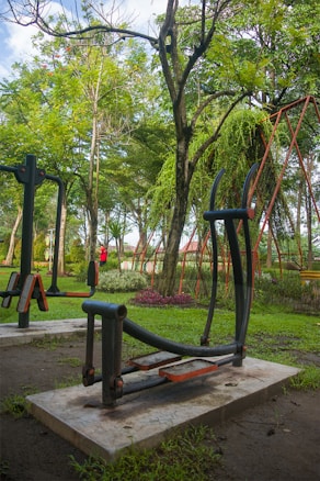 Outdoor exercise equipment surrounded by lush green trees and grass. A person in red clothing is visible in the background. The area has a natural, serene atmosphere with vibrant plant colors.