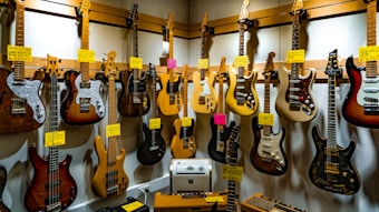 A collection of electric guitars and basses displayed on a wall, each with price tags attached. The instruments come in various shapes and colors, including sunburst, wood finish, and black. There are bright yellow tags with pricing information and a small amplifier on the floor beneath them.