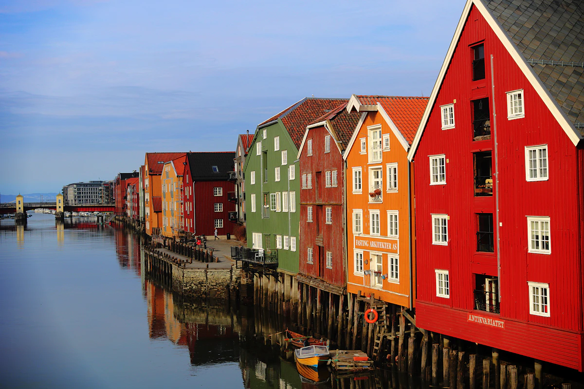 Colorful wharf houses along the Nidelva river in Trondheim