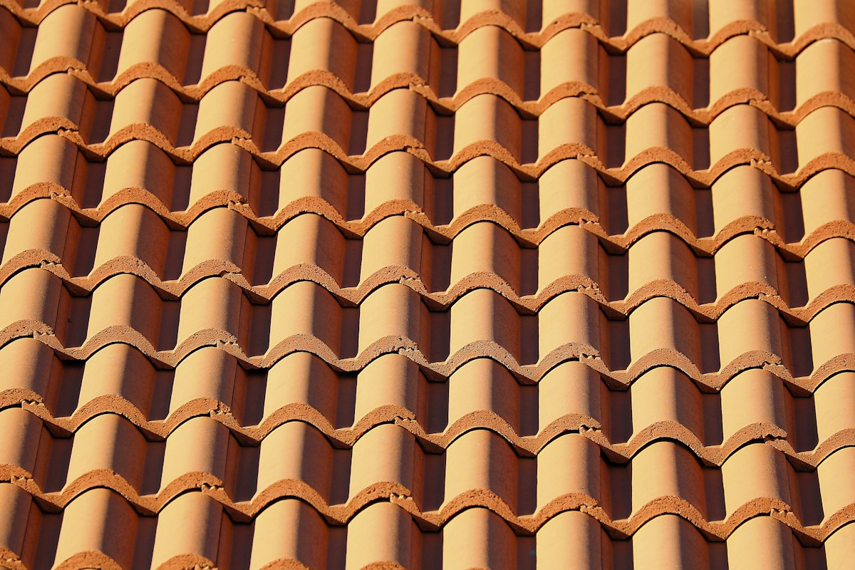 Detailed close-up of layered roof tiles