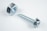A close-up view of a shiny metallic nut and a screw placed on a plain white surface. The objects are made of steel with a reflective silver finish, emphasizing their industrial design.