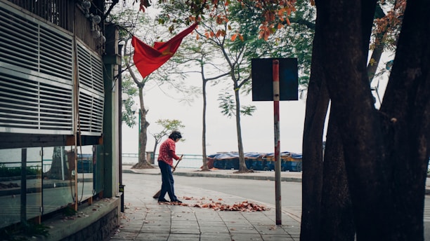A landscaper raking up colorful autumn leaves in a well-kept residential yard.