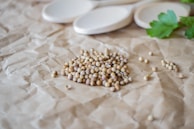 Bright coriander seeds neatly arranged in a shallow bowl with a few scattered around.