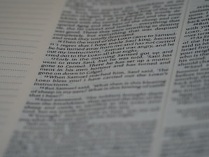 A close-up view of a printed page from a book featuring text in two columns. The focus is centered on a paragraph, with some text appearing slightly blurred due to depth of field. The text is printed in black on white paper, with some section headings in bold.