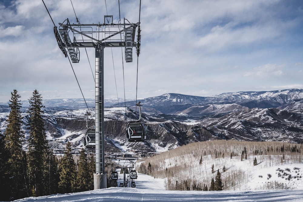 cable cars over snow covered mountain