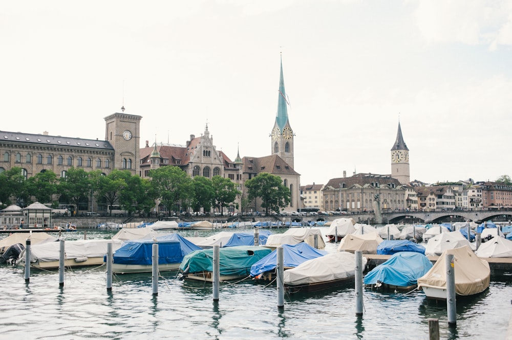 blue boats on water near buildings during daytime