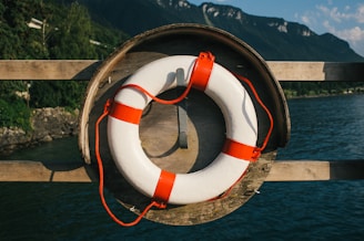 A lifebuoy with red straps is mounted on a wooden fence overlooking a body of water. In the background, there are lush green hills and mountains partially illuminated by sunlight.