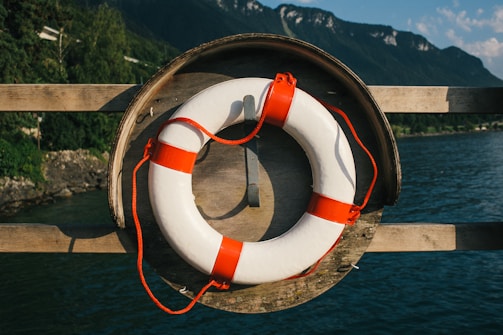 A lifebuoy with red straps is mounted on a wooden fence overlooking a body of water. In the background, there are lush green hills and mountains partially illuminated by sunlight.