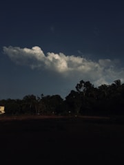 A cloud formation is visible in the sky against a backdrop of deep blue. Below, a silhouette of trees lines the horizon, with a single building partially visible on the left side. The lighting suggests early morning or late evening, creating a serene and contemplative atmosphere.