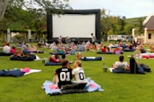 An outdoor movie night under the stars with a cozy crowd enjoying the film.