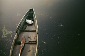 A wooden canoe is floating on calm, dark water. The canoe has a weathered appearance, with peeling paint and visible signs of wear. Inside the canoe, there is a single wooden paddle and a white plastic canister. Some aquatic vegetation can be seen floating on the water surface.