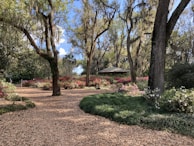 A serene garden setting with tall trees draped in Spanish moss, vibrant pink and white flowers in bloom, and a gazebo nestled in the background. A path covered in brown leaves winds through the greenery, creating a peaceful and inviting atmosphere.