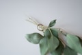 A delicate ring rests entwined among thin branches with broad green leaves on a plain, light-colored surface. The simplistic arrangement creates a minimalist and elegant composition.