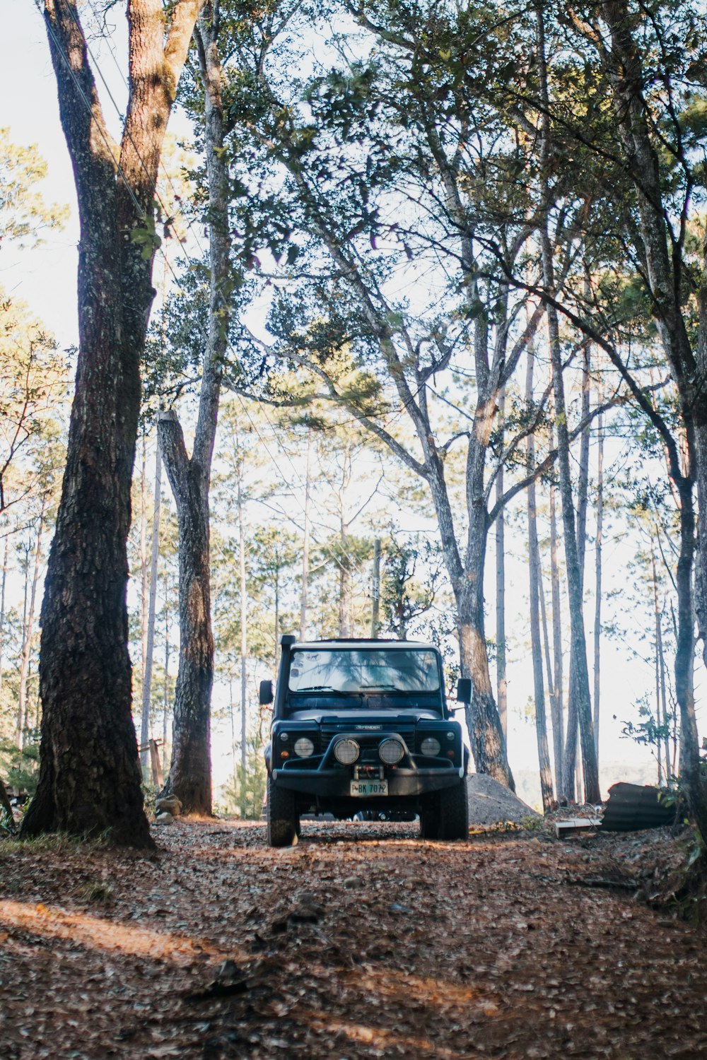 black suv on dirt road in between trees during daytime