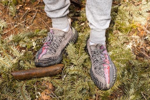 A pair of sneakers with a woven pattern and red accents are seen on a forest floor covered in pine needles and twigs. The person is wearing gray sweatpants, and one shoe is resting on a small log.