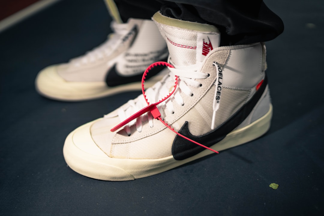 white and red nike athletic shoes, PORTRAIT STREET FASHION