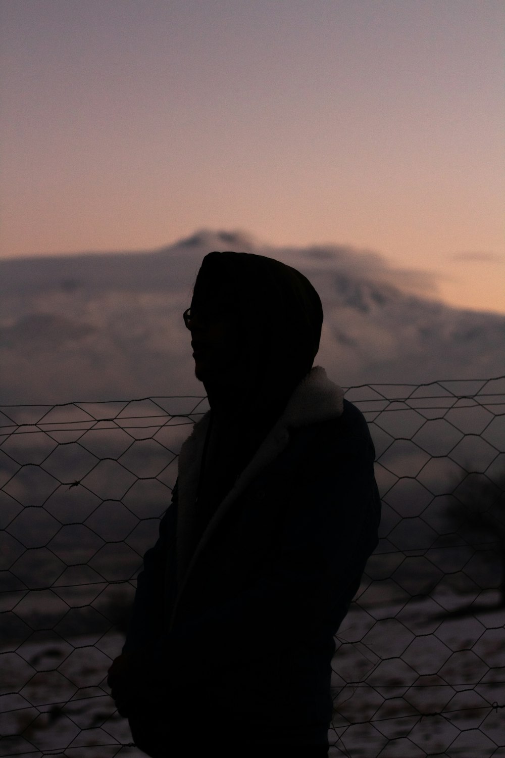 silhouette of person standing beside fence during daytime