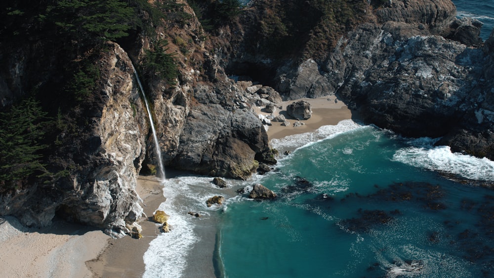 rocky shore with green water and brown rock formation