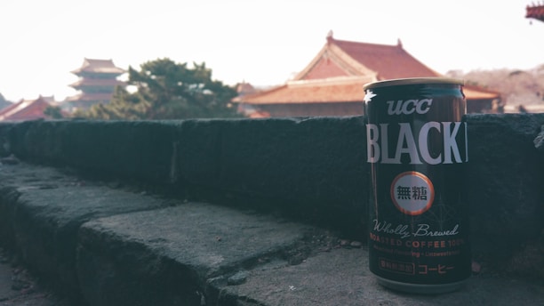 A can of UCC Black coffee is placed on a stone ledge. The background features traditional Asian architecture with multi-tiered roofs and trees, suggesting a location with historical or cultural significance.