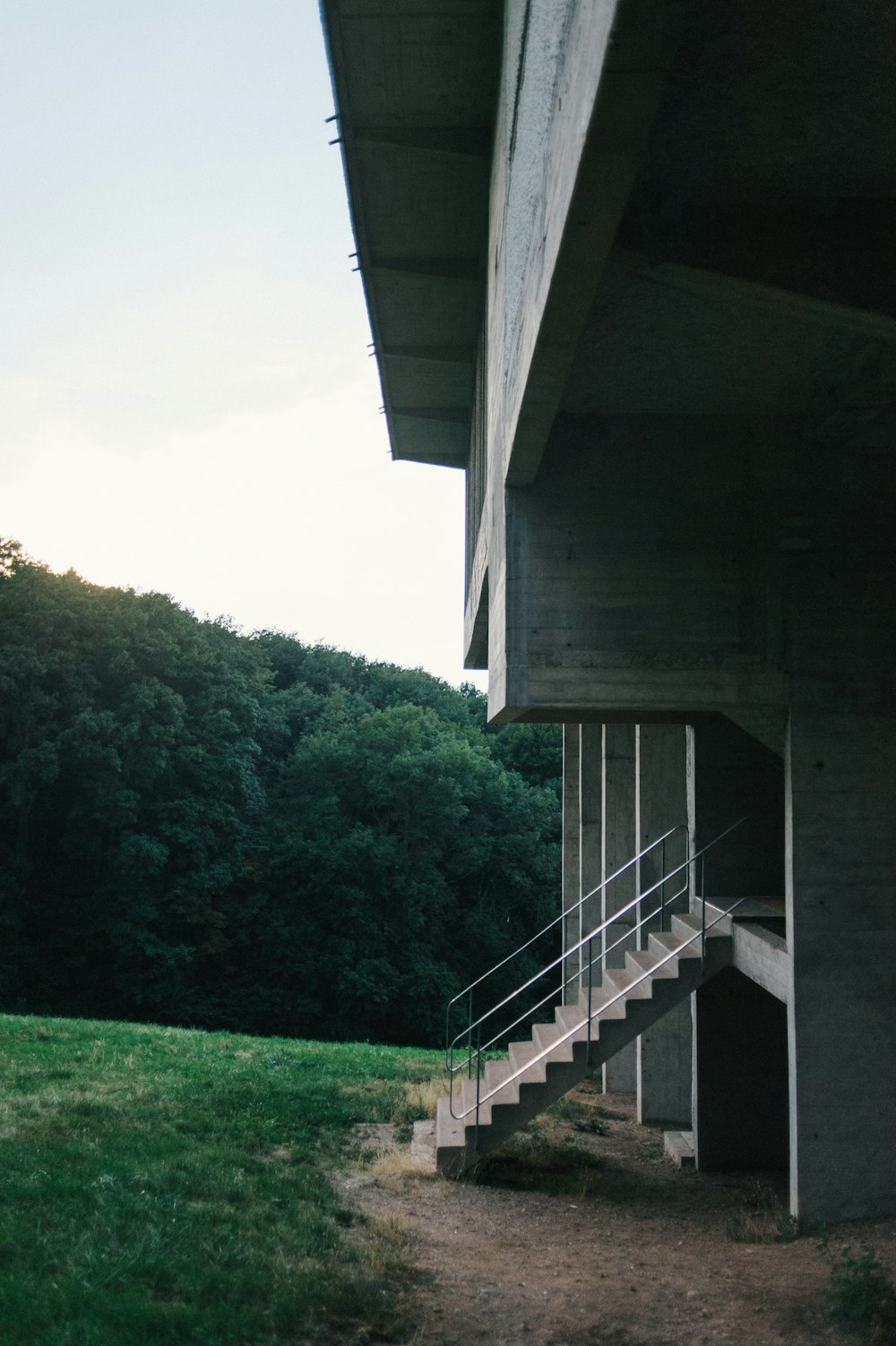 green grass field under gray concrete bridge