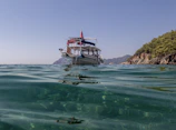 A scenic float trip boat glides gently down a clear mountain river.