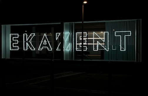 Large neon letters illuminated against a dark background, arranged to spell out a word in a modern, sans-serif font. Glass panels and curtains are visible behind the signage, suggesting an urban setting.