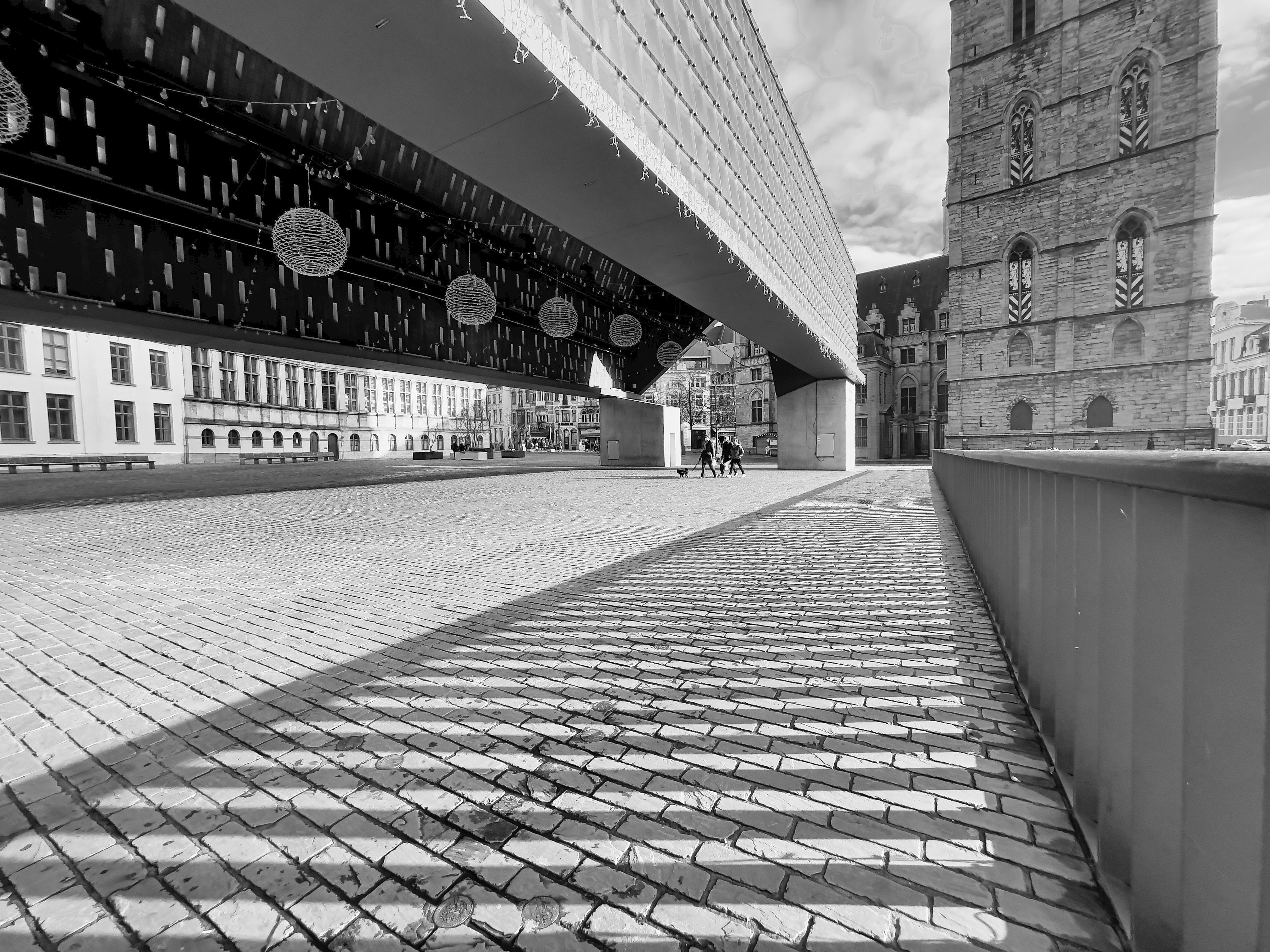 grayscale photo of brick pavement, 