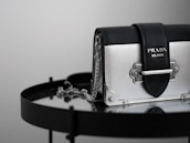 A luxury handbag with a sleek design featuring a metallic silver and black color scheme, adorned with a prominent logo. The bag is placed on a reflective surface, enhancing its elegant and modern appeal.
